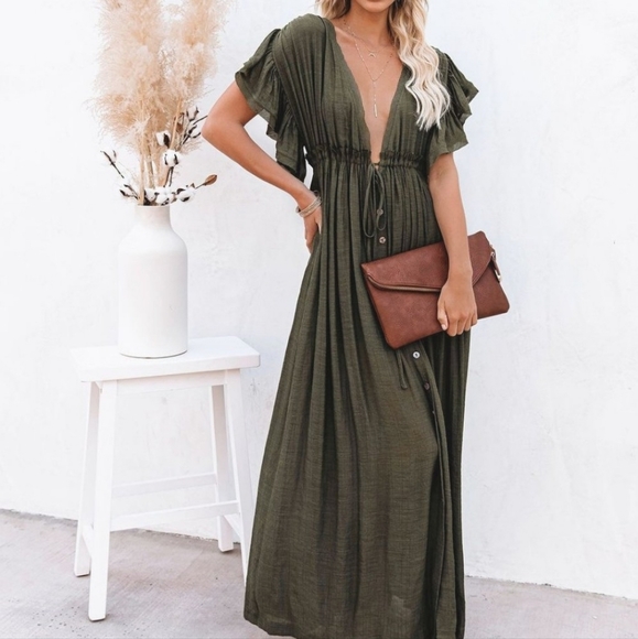 New Boho Flowy Gauze Cover Up Maxi Dress Button Front Muted Olive Green - Picture 4 of 12